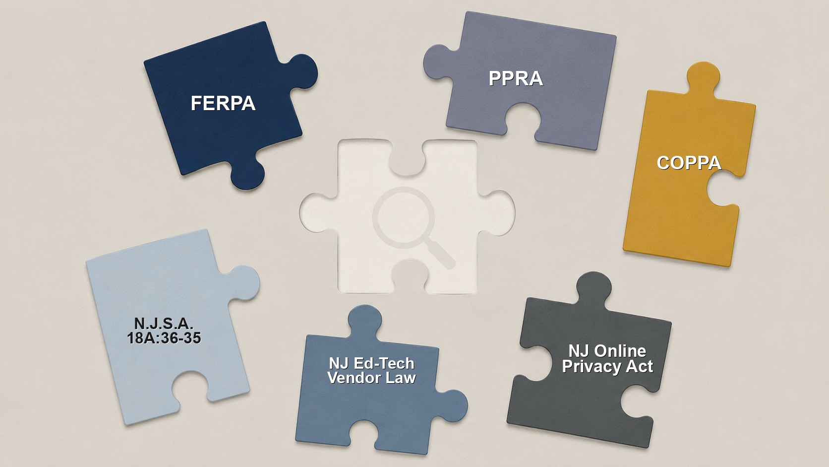 Illustration of six mismatched puzzle pieces, each labeled with a different student-privacy law (FERPA, PPRA, COPPA, NJ Online Privacy Act, NJ Ed-Tech Vendor Law, N.J.S.A. 18A:36-35), none of which fit an empty center piece marked with a magnifying glass.